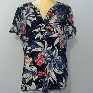 Christopher & Banks Navy Floral Linen V-neck Short Tie Sleeves Blouse Medium